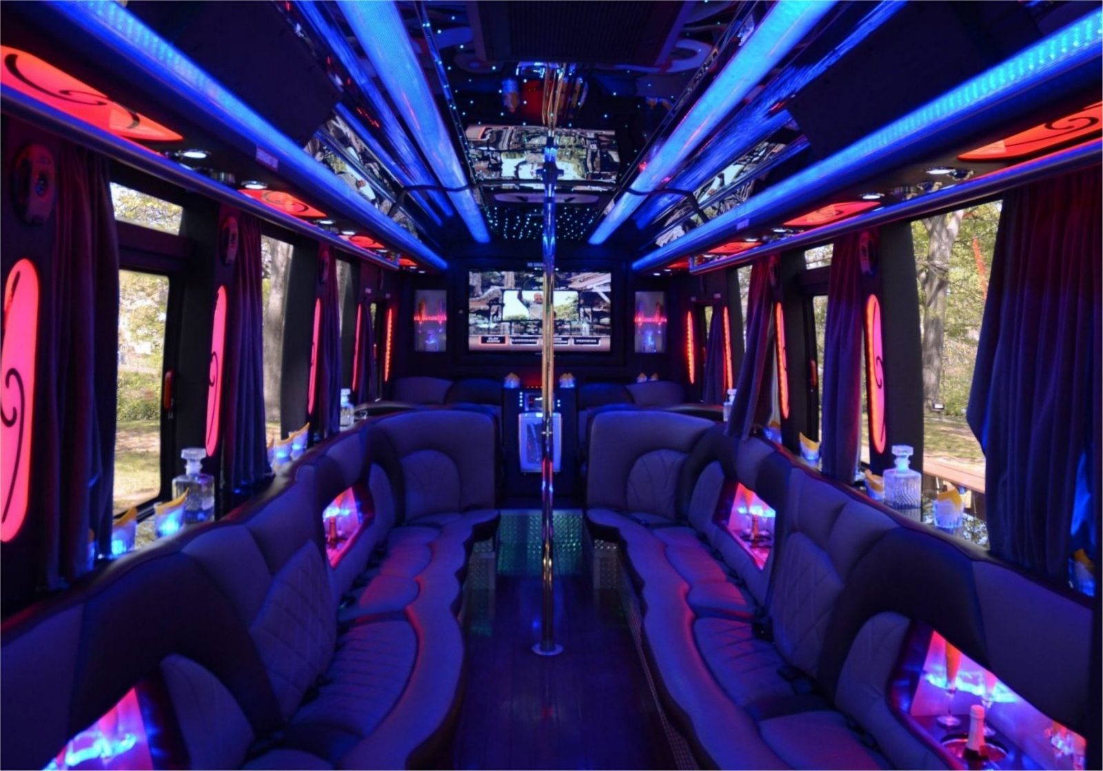 Interior of Double Down party bus with pole