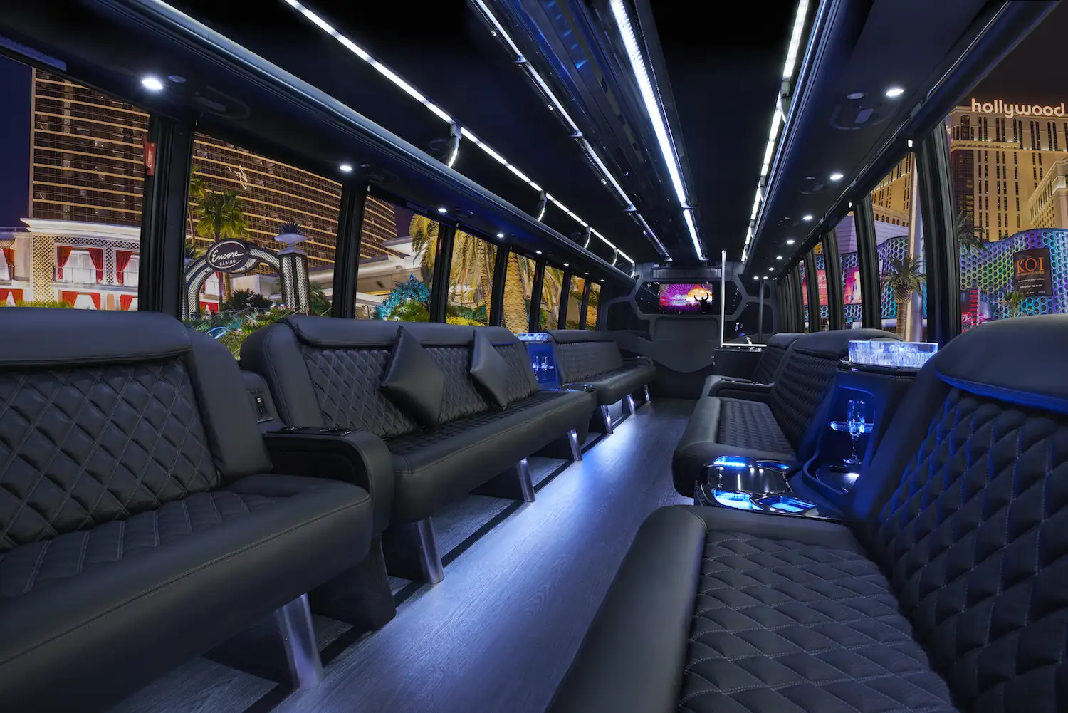 Inside the 40 person party bus with restroom