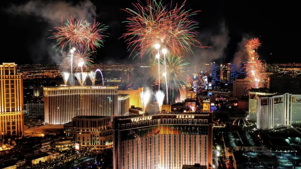 Fireworks on Las Vegas Boulevard during New Years Eve celebrations