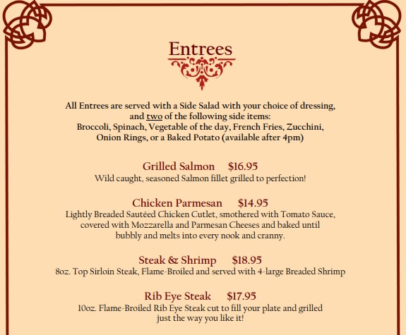 Sheri's Ranch Brothel Restaurant Entree Menu